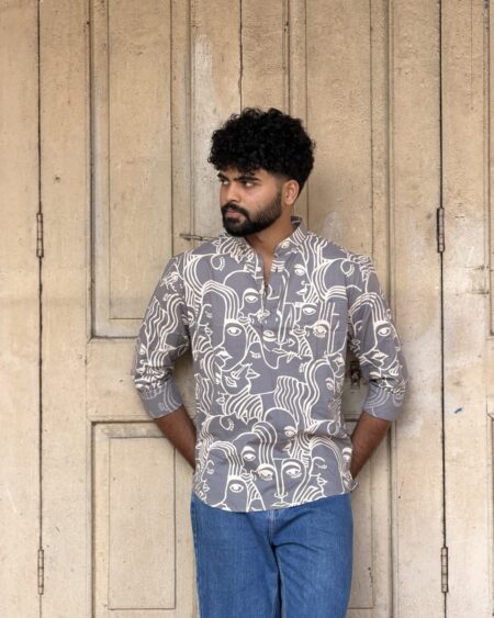 Grey Canvas Printed Kurta