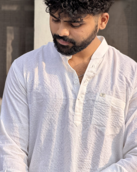 White Kantha Thread Short Kurta