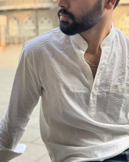 White Kantha Thread Short Kurta