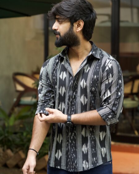 Man wearing Charcoal Black Ikat Shirt by WovenWhale
