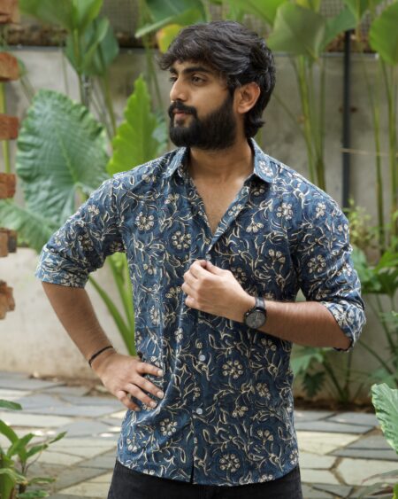 Man wearing Midnight Blue Kalamkari Printed Shirt by WovenWhale