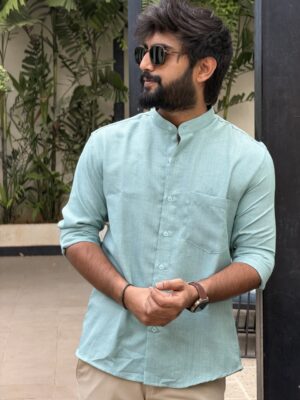Mint Blue Linen Blend Mandarin Collar Shirt