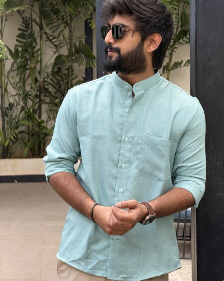 Mint Blue Linen Blend Mandarin Collar Shirt