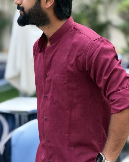 Alternative view of Maroon Linen Blend Mandarin Collar Shirt