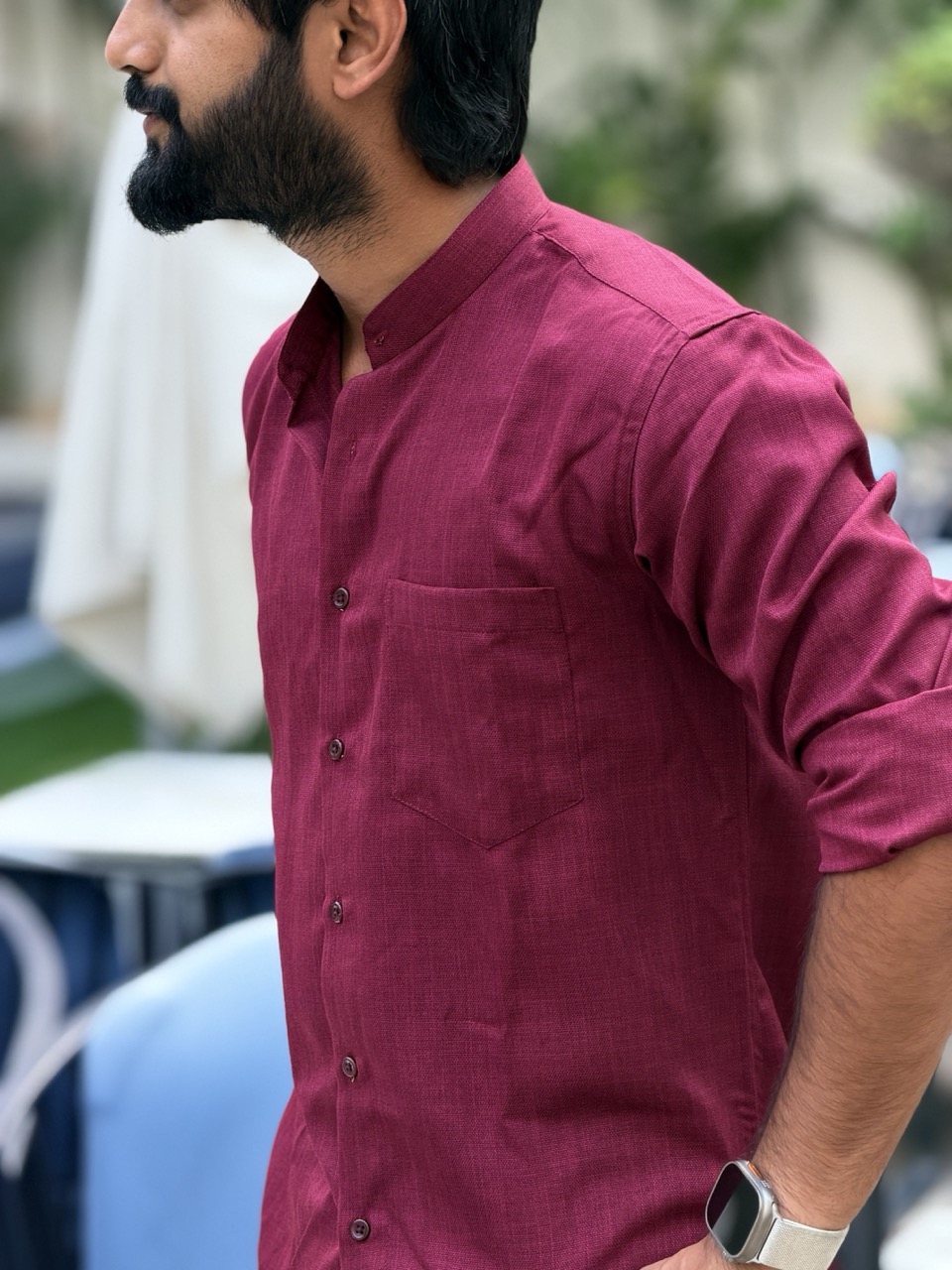 Maroon Linen Blend Mandarin Collar Shirt - Image 2