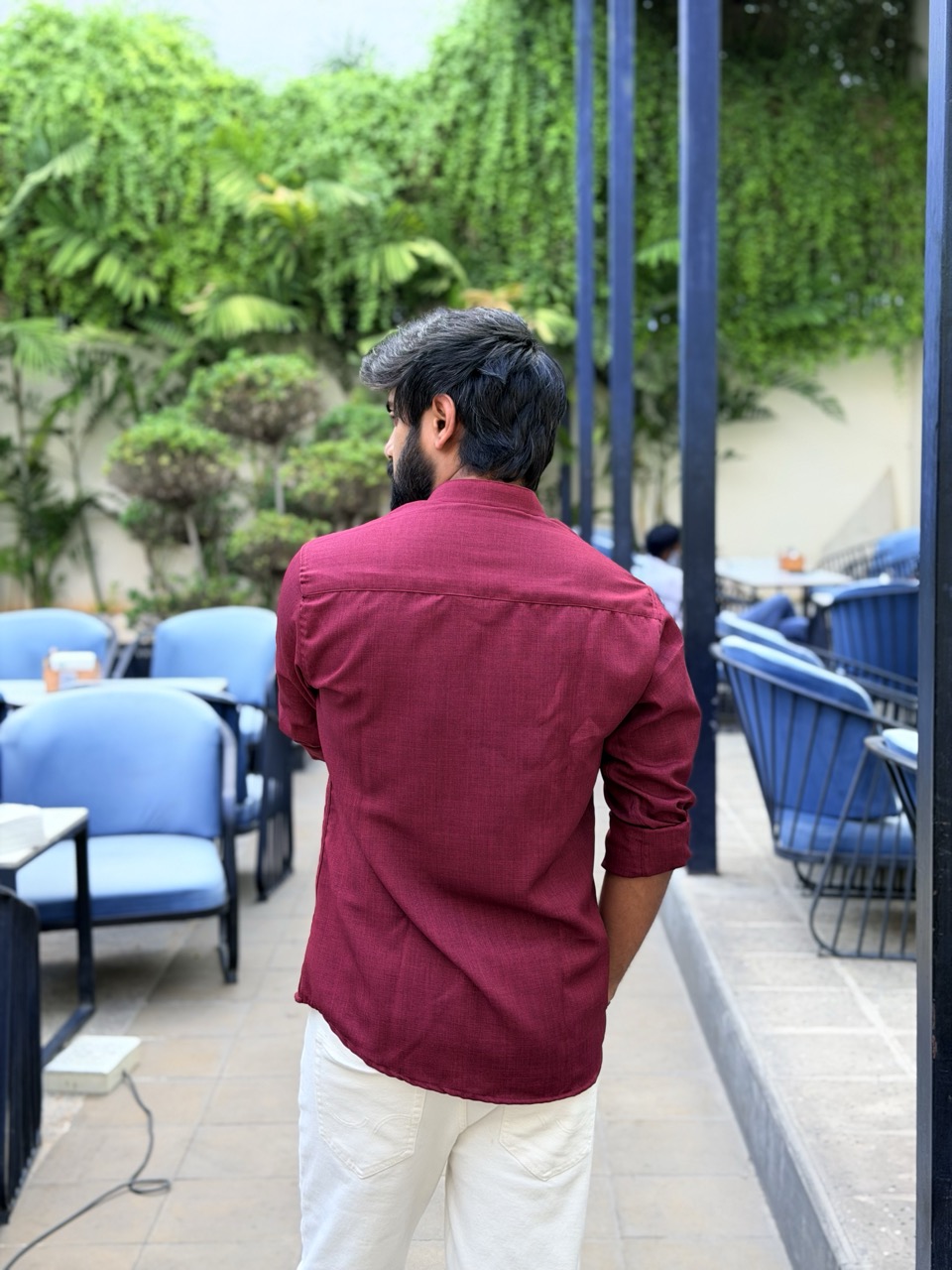 Maroon Linen Blend Mandarin Collar Shirt - Image 3