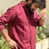 Maroon Linen Blend Mandarin Collar Shirt