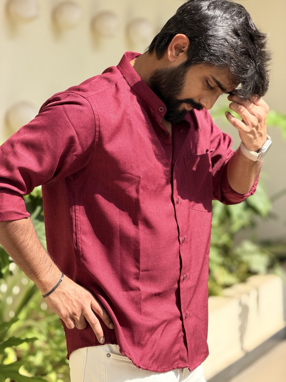 Maroon Linen Blend Mandarin Collar Shirt - Image 4