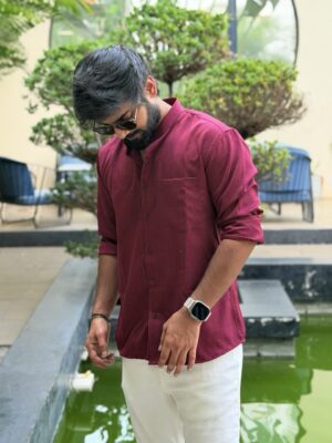 Maroon Linen Blend Mandarin Collar Shirt