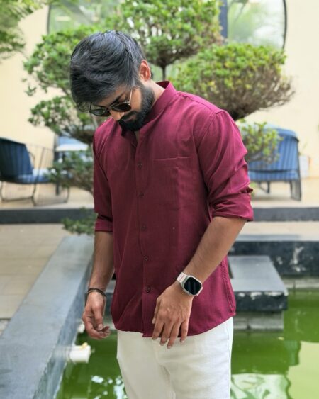Maroon Linen Blend Mandarin Collar Shirt
