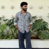 Man wearing Ivory Blue Kalamkari Printed Shirt by WovenWhale