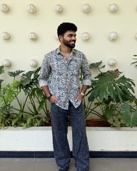 Man wearing Ivory Blue Kalamkari Printed Shirt by WovenWhale