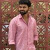 Man wearing Rosewood Ikat Shirt by WovenWhale