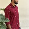 Man wearing Ruby Jamdani Handwoven Shirt by WovenWhale