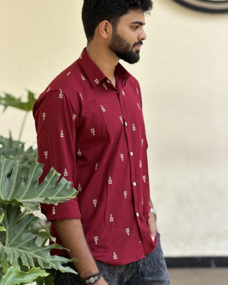 Man wearing Ruby Jamdani Handwoven Shirt by WovenWhale