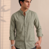 Olive Green Linen Blend Mandarin Collar Shirt