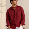 Maroon Linen Blend Mandarin Collar Shirt