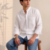 White Linen Blend Mandarin Collar Shirt