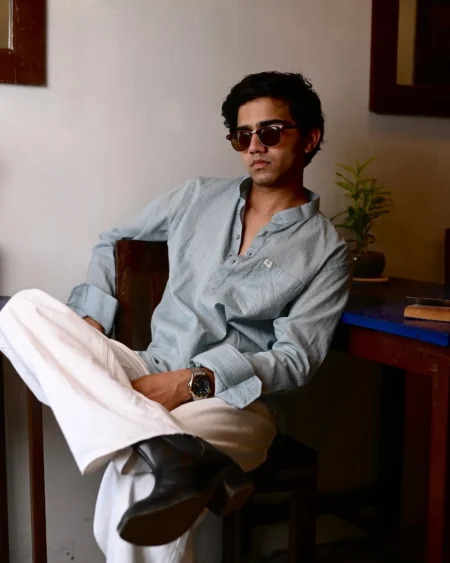 Man wearing Azure Kantha Thread Short Kurta by WovenWhale