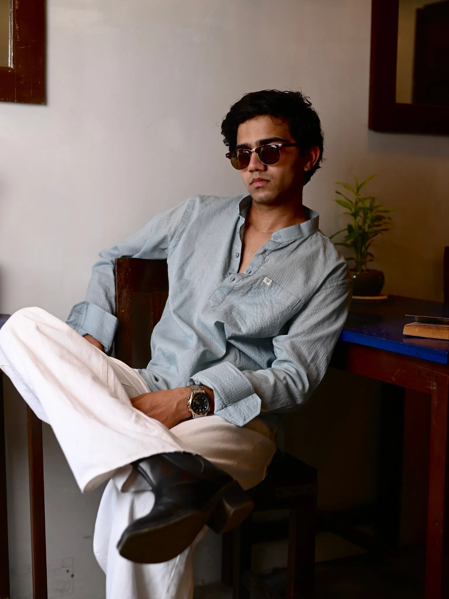 Man wearing Azure Kantha Thread Short Kurta by WovenWhale