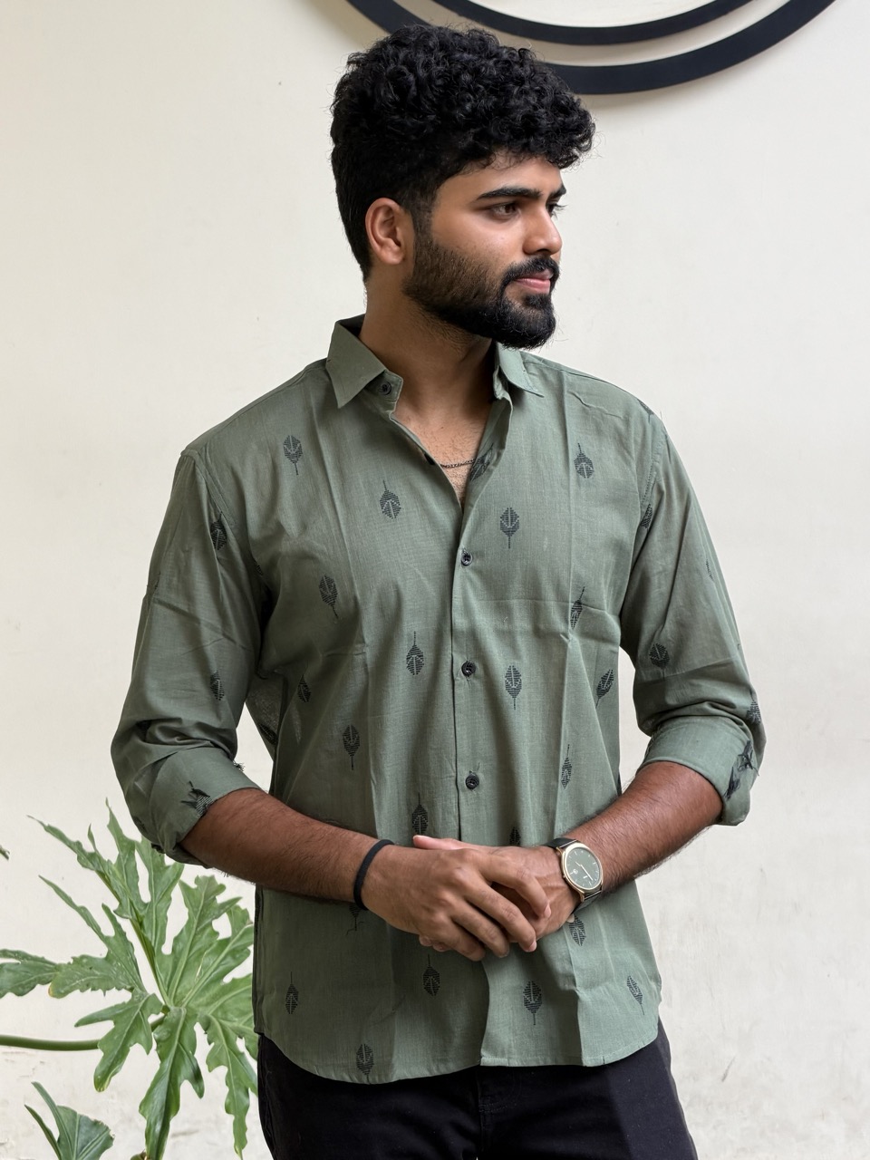 Man wearing Emerald Motif Cotton Shirt by WovenWhale