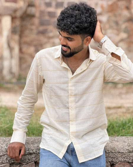 Man wearing Sandstone Handwoven Cotton Shirt by WovenWhale