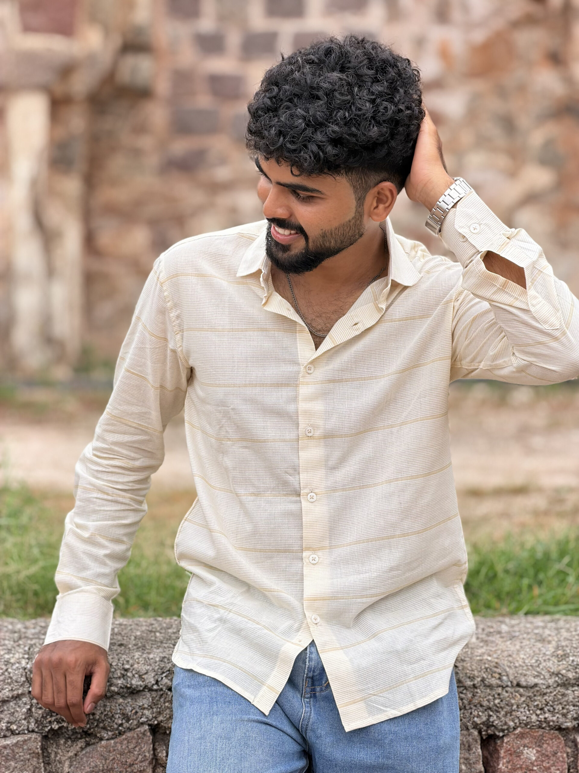 Man wearing Sandstone Handwoven Cotton Shirt by WovenWhale