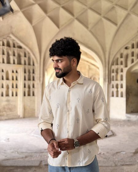 Man wearing Ivory Jacquard Handwoven Shirt by WovenWhale
