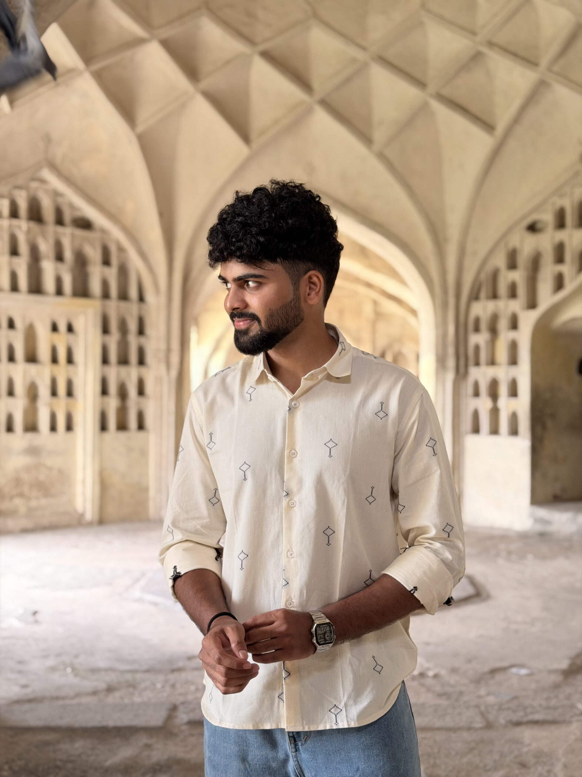 Man wearing Ivory Jacquard Handwoven Shirt by WovenWhale