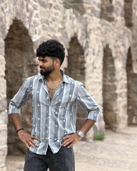 Man wearing Slate Jamdani Handwoven Shirt by WovenWhale