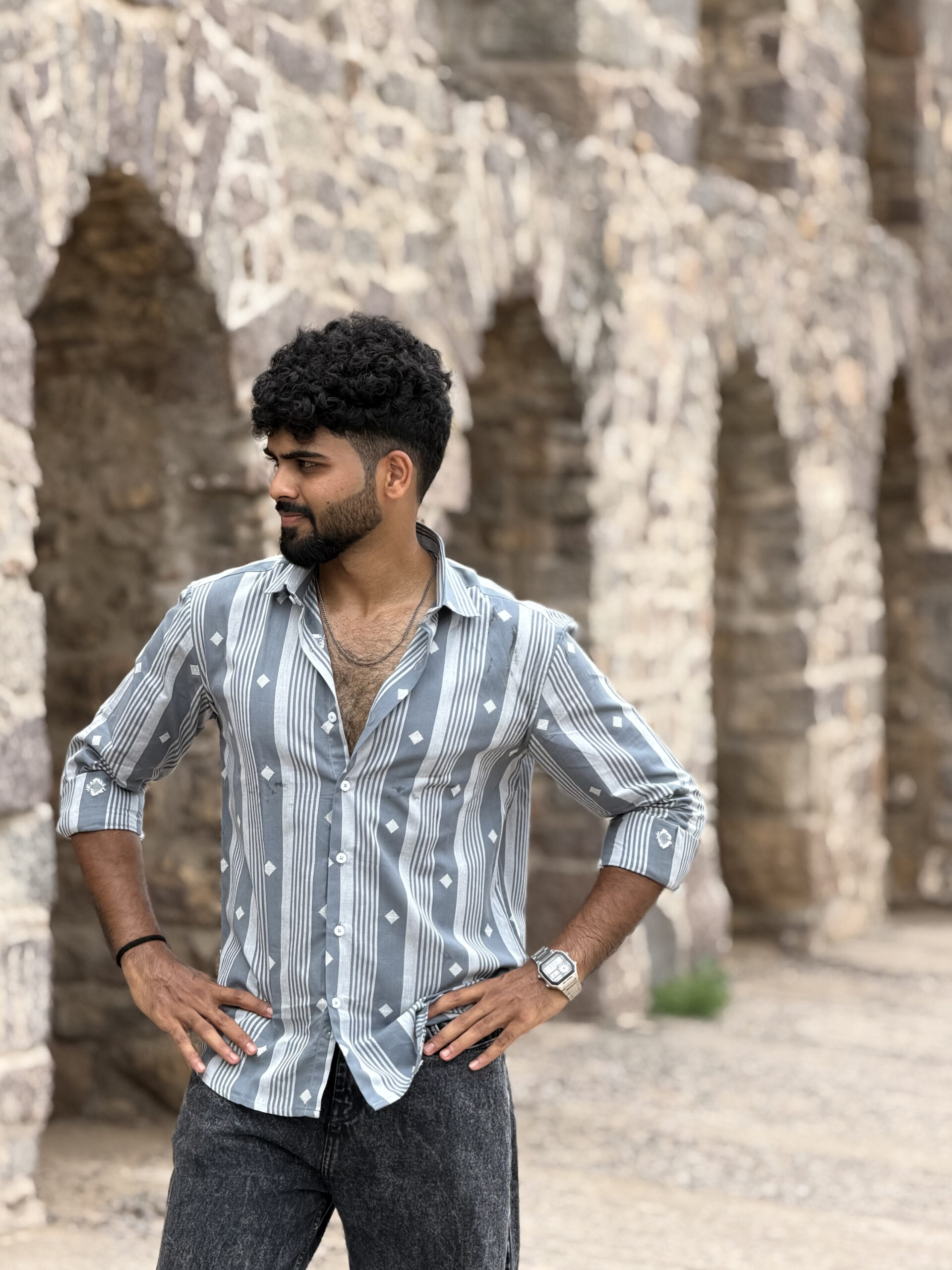 Man wearing Slate Jamdani Handwoven Shirt by WovenWhale