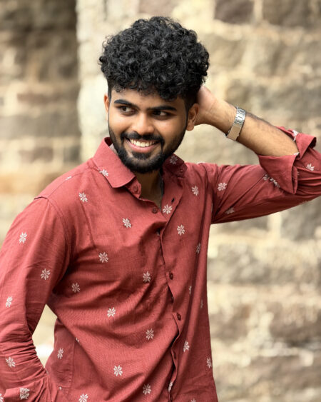 Man wearing Crimson Suvidha South Cotton Shirt by WovenWhale