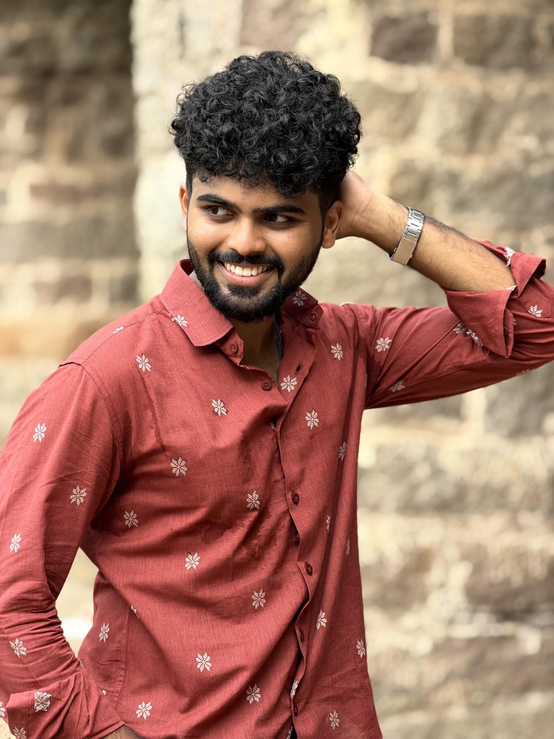 Man wearing Crimson Suvidha South Cotton Shirt by WovenWhale