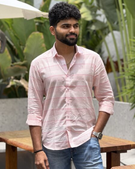 Man wearing Blush Horizon Handwoven Cotton Shirt by WovenWhale