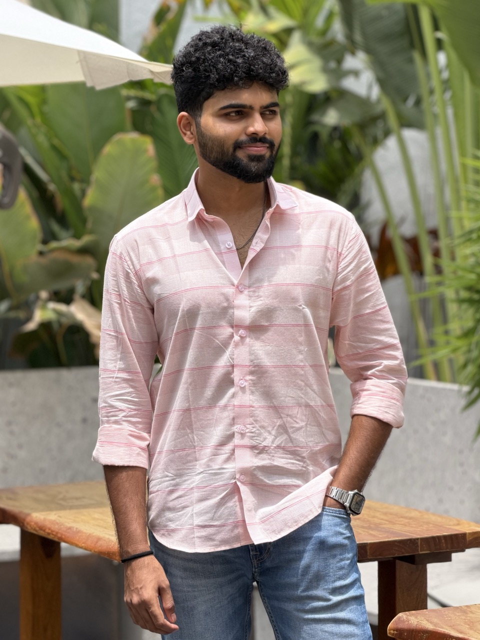 Man wearing Blush Horizon Handwoven Cotton Shirt by WovenWhale