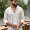 Man wearing Ivory Dash Ikat Handwoven Shirt by WovenWhale