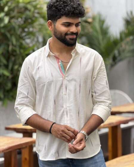 Man wearing Ivory Dash Ikat Handwoven Shirt by WovenWhale
