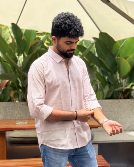 Man wearing Mauve Stripe Handwoven Cotton Shirt by WovenWhale