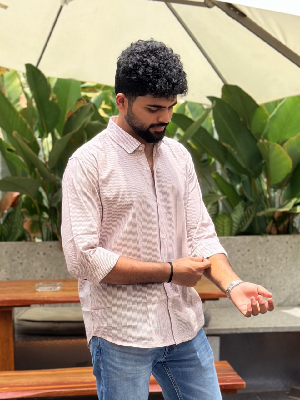 Man wearing Mauve Stripe Handwoven Cotton Shirt by WovenWhale