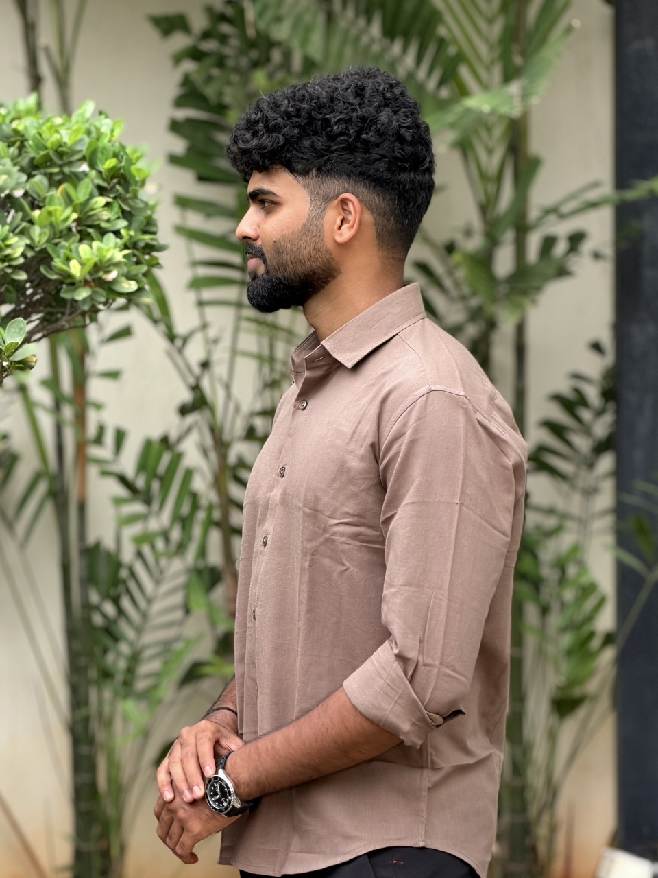 Man wearing Mocha Handwoven Cotton Shirt by WovenWhale