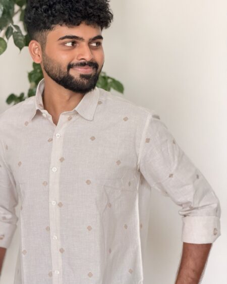 Man wearing Sand Butta Handwoven Cotton Shirt by WovenWhale