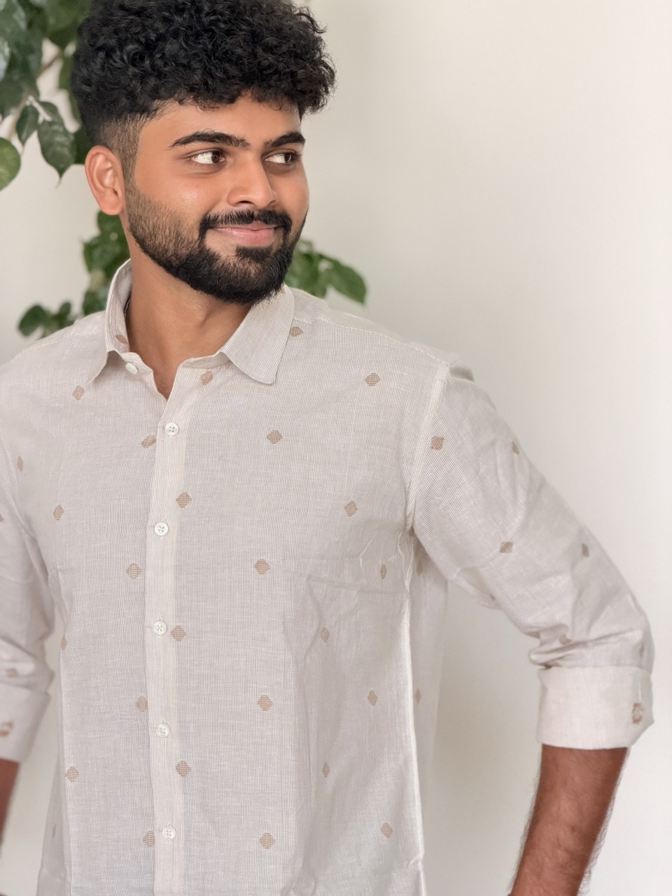 Man wearing Sand Butta Handwoven Cotton Shirt by WovenWhale