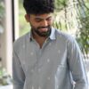 Man wearing Sky Color Handwoven Cotton Shirt by WovenWhale