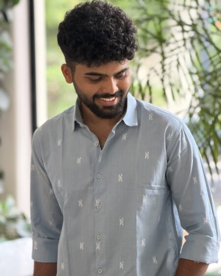 Man wearing Sky Color Handwoven Cotton Shirt by WovenWhale