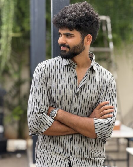 Man wearing Granite Ikat Handwoven Shirt by WovenWhale