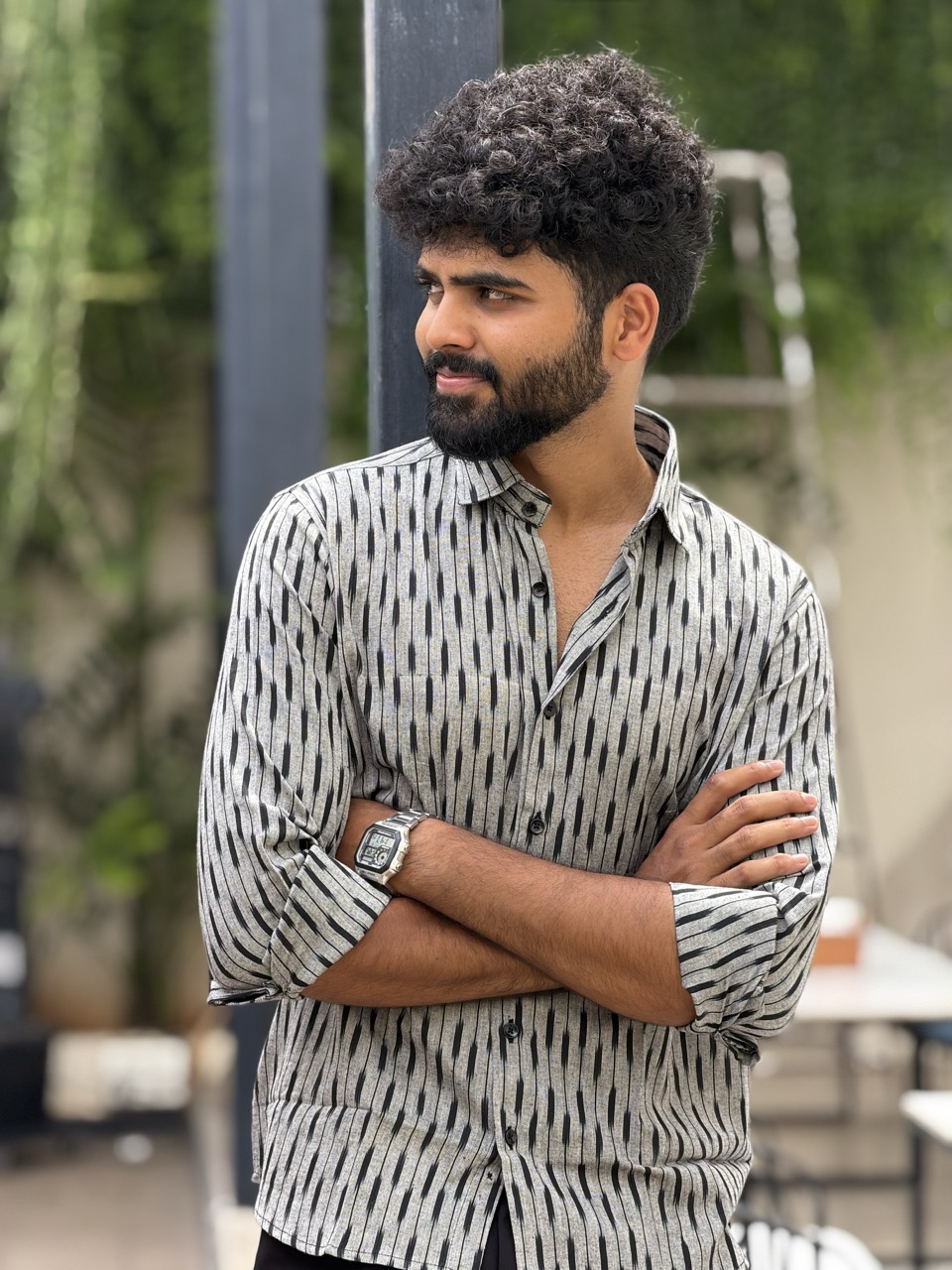 Man wearing Granite Ikat Handwoven Shirt by WovenWhale