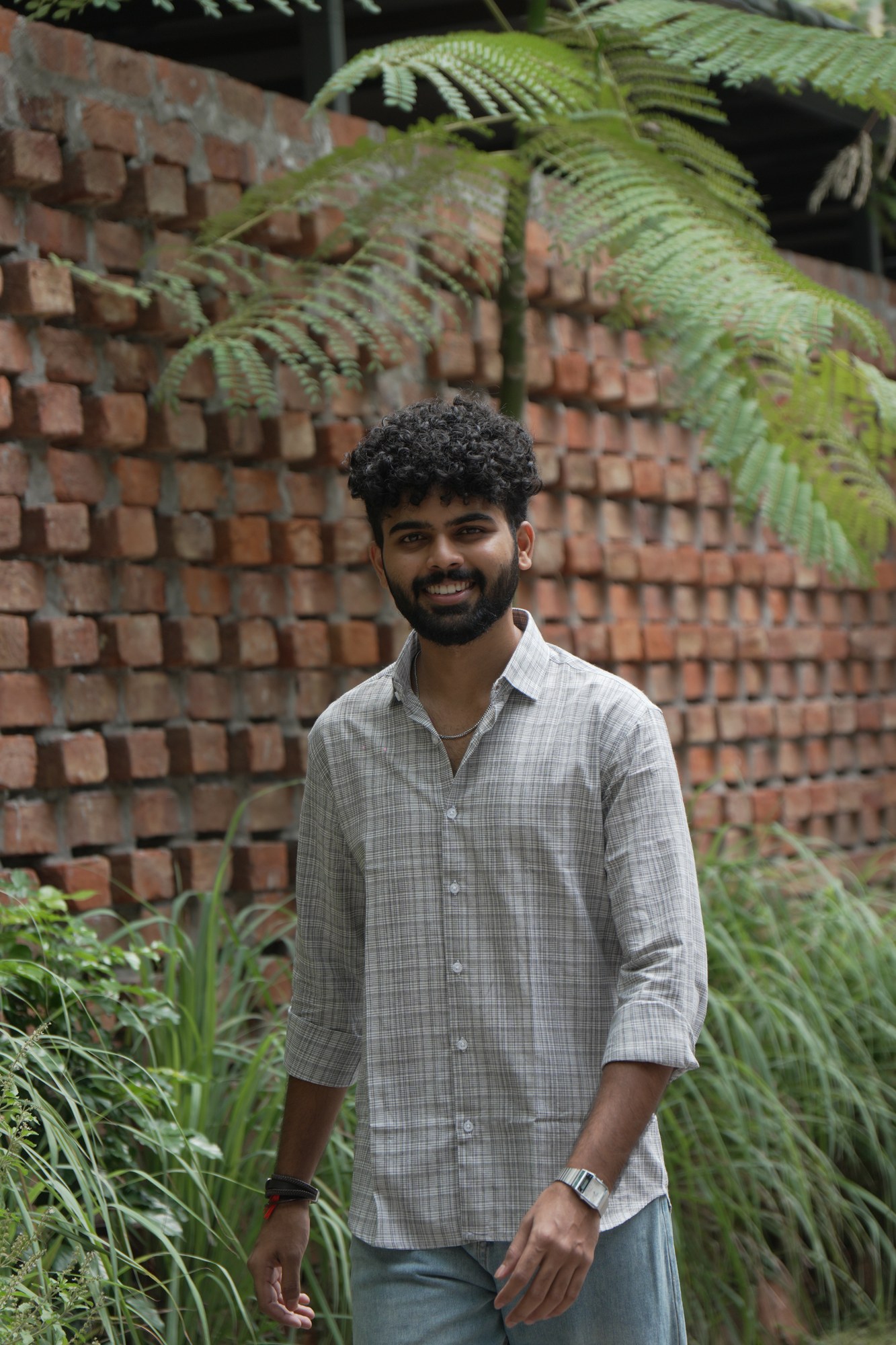 Ash Grid Cotton Shirt in 100% handwoven cotton, shown on a model.