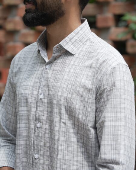 Ash Grid Cotton Shirt in 100% handwoven cotton, shown on a model.