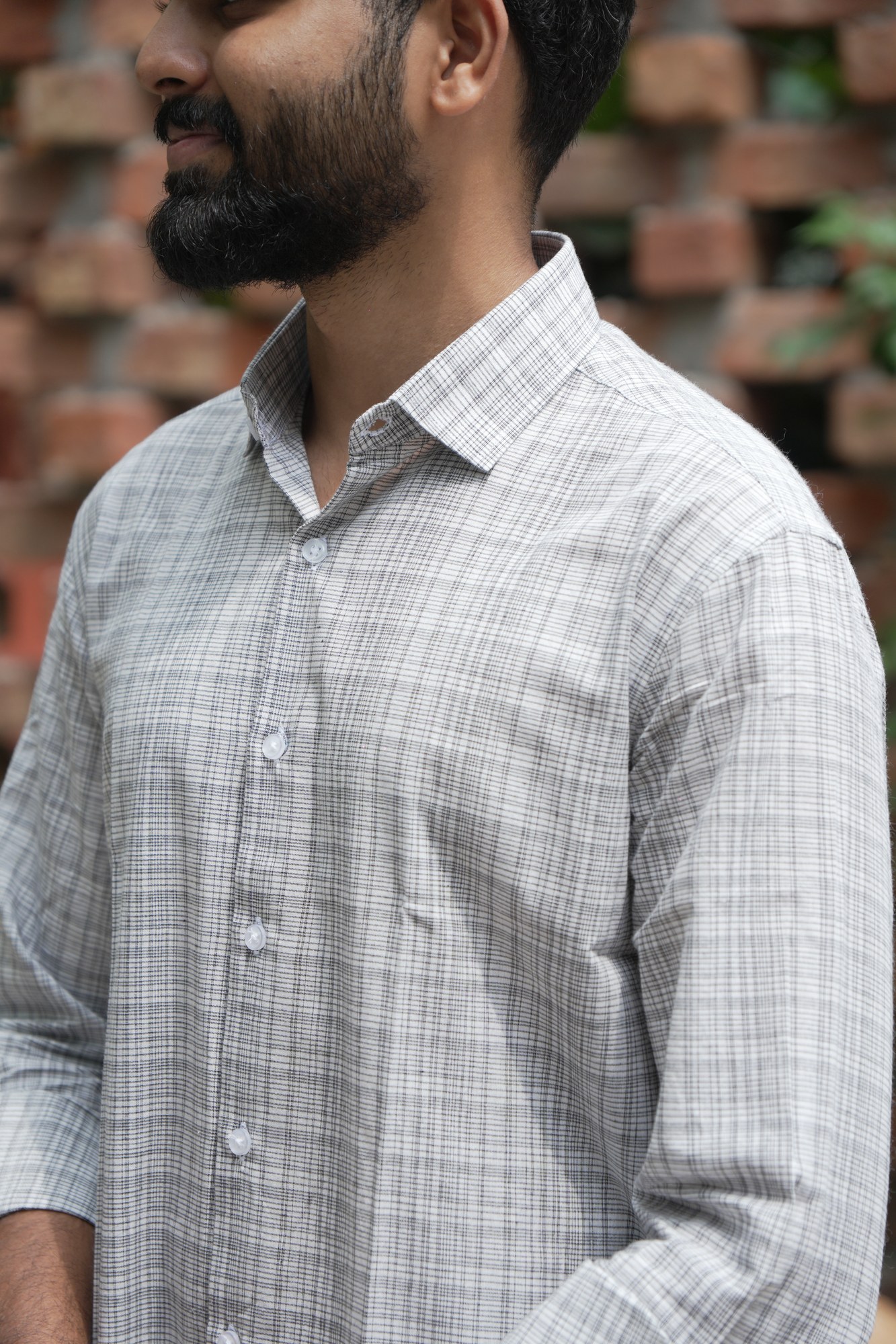 Ash Grid Cotton Shirt in 100% handwoven cotton, shown on a model.