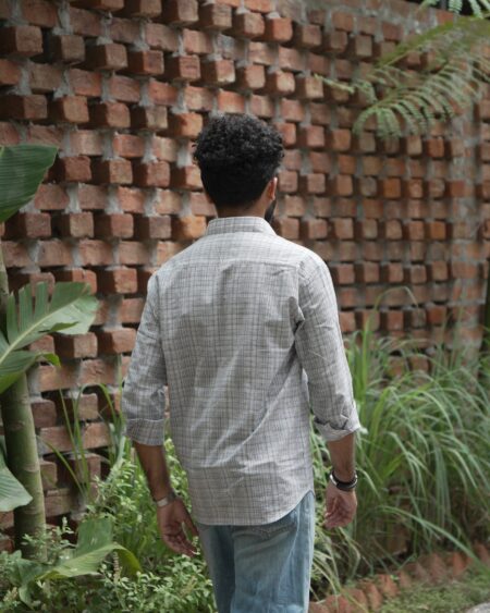 Ash Grid Cotton Shirt in 100% handwoven cotton, shown on a model.